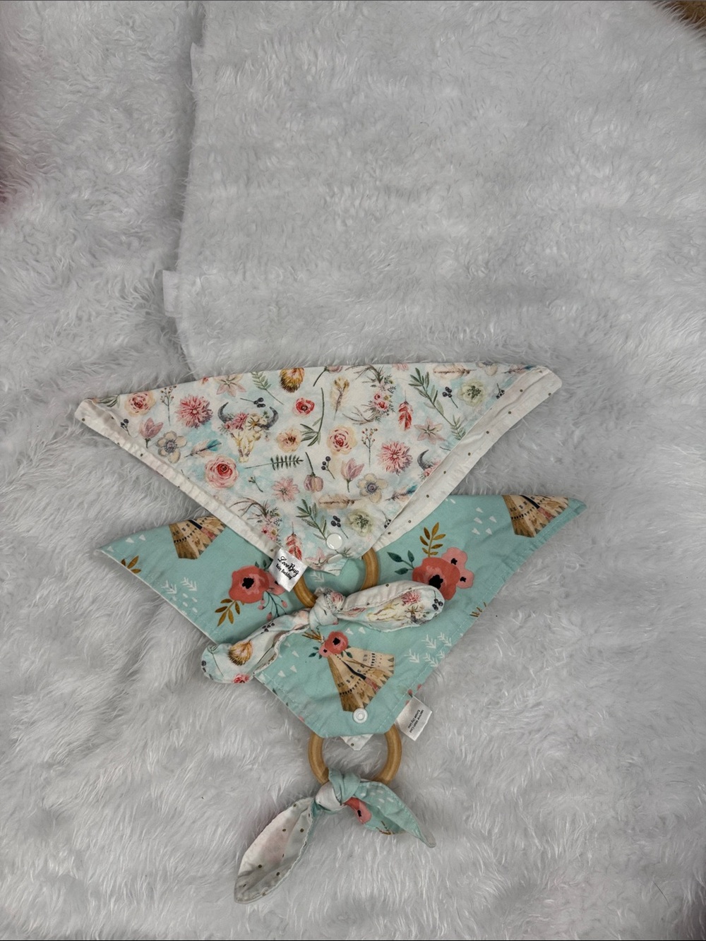 Floral Mint Baby Bandana Bib with Wooden Teether